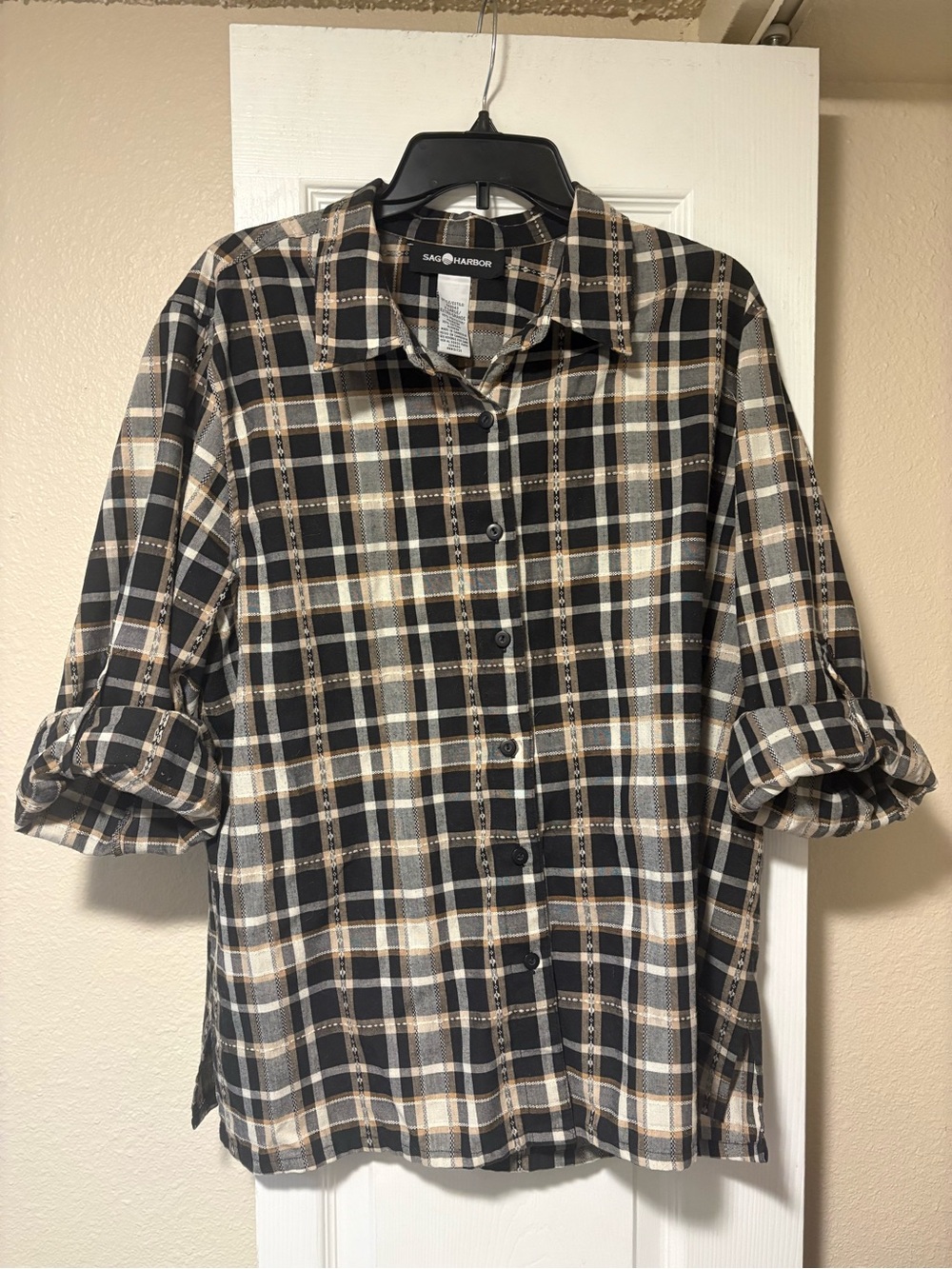 Sag Harbor Women’s Black and Cream Plaid Button-Up Shirt
